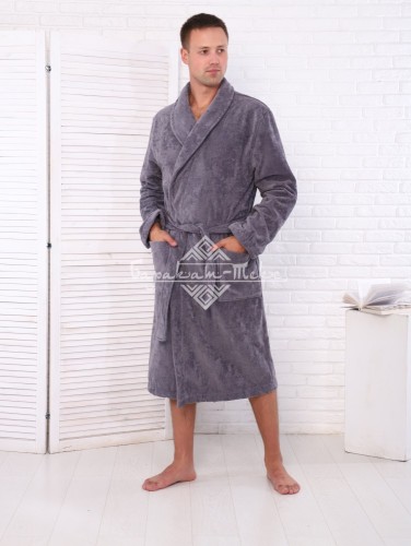 Халат велюр мужской махровый , цвет: 910-Серый, р-р 52